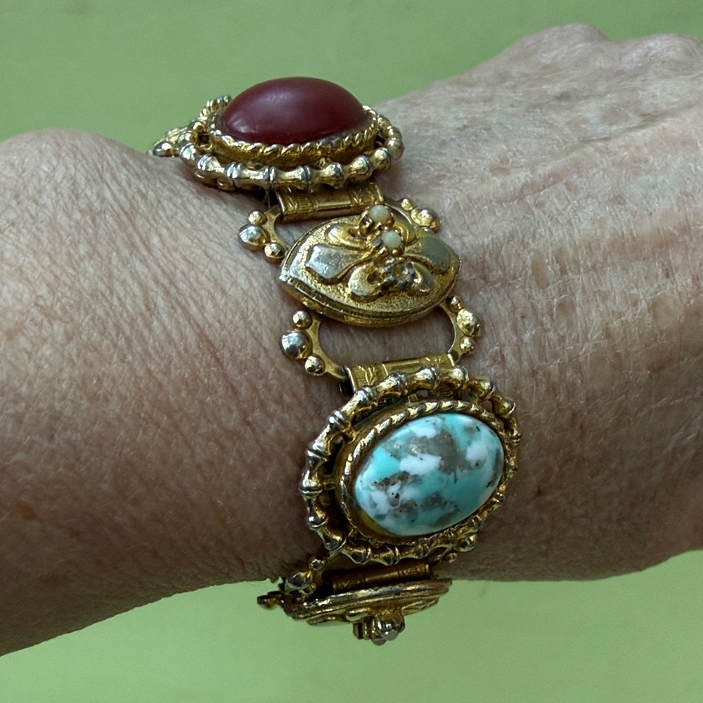 Vintage and Unique Gold and Multicolored Gemstone Chunky Bracelet